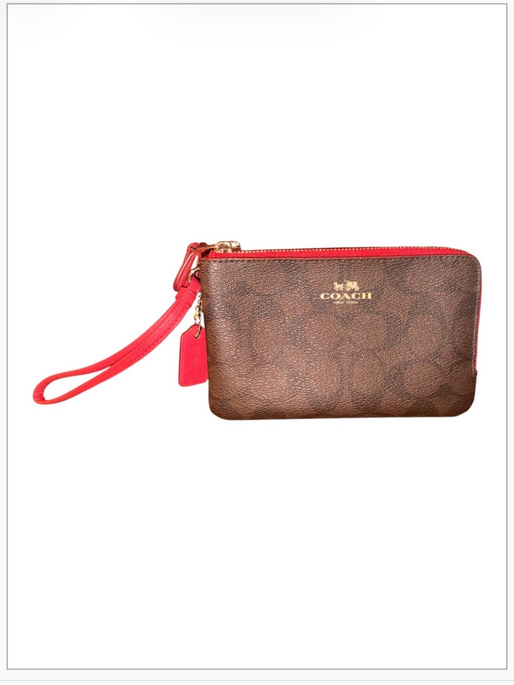 COACH Brown Signature Wristlet with Red Trim and Strap